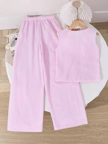 SHEIN 2pcs/Set Tween Girls Elegant Casual Square Neck Button Textured Striped Camisole Top And Loose Wide Leg Pants Set, Suitable For Daily, Commute, Casual, Vacation, Gathering With Friends, Party - Pink - View 2