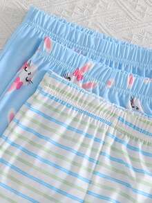 SHEIN Vintaside Kids 6件套女婴新生儿幼儿0-3岁春夏新款可爱兔子纯色条纹T恤短裤套装 - 藍色 - 查看 6