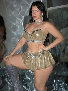 MidnightGlam 两件套加大码女士金属亮片边饰内衣套装 - 香檳色 - 查看 4