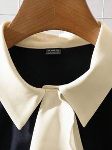 Franclia Women's New Navy Blue & Cream Color Block Shirt - Retro Peter Pan Collar + Ruffled Bow Tie, Puff Half Sleeves + Metal Buttons, Elegant Office-Wear Waist-Cinched Temperament Blouse French Style Clothes Navy Blue Blouse Blouse With Bow Polo Blouse For Women Formal Women's Formal Shirt Office Tops For Woman Formal Women Top - Black - View 5