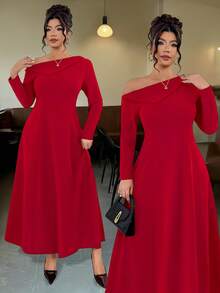 Elenzga Plus Size Red Autumn Elegant Satin Formal Soft Knit Asymmetric Shoulder Asymmetrical Hem Turtleneck Long Sleeve Waist Fit A-Line Dress For Parties - Red - View 7