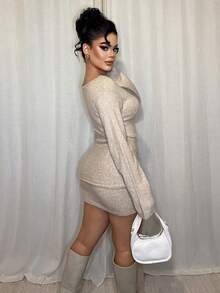 厚针织系带连衣裙，优雅春假可爱性感90年代机场穿搭，适合假日、夏季、秋季、冬季日常穿着，也适合圣诞派对、婚礼宾客、休闲场合和感恩节等场合。 - 卡其色 - 查看 2