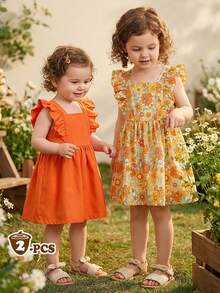 SHEIN Vintaside Kids 2件套女婴休闲纯粉色碎花无袖连衣裙，适合户外玩耍或居家穿着。 - 橘色 - 查看 6