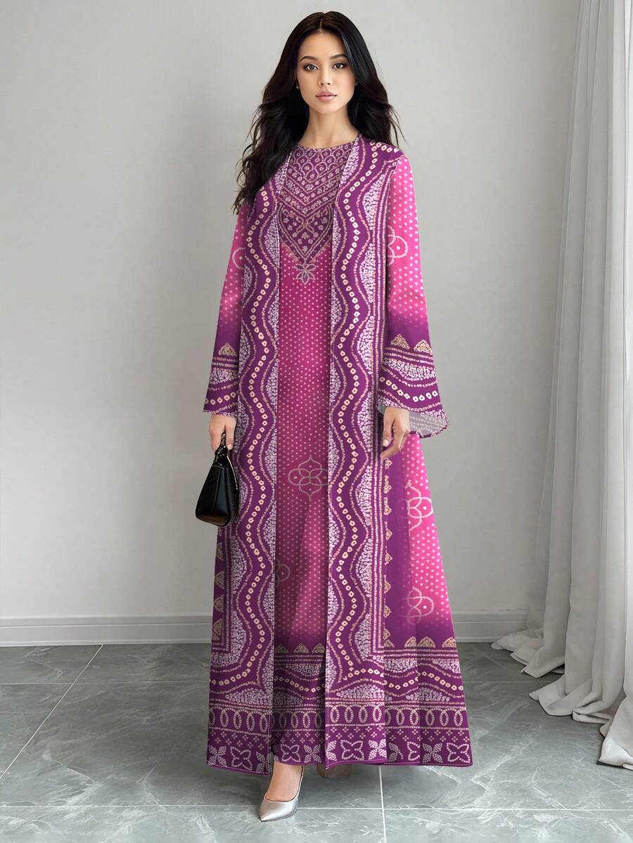 SHEIN Najma 女士几何花卉数码印花优雅圆领长款连衣裙和长款开衫两件套，春夏休闲装 - 彩色 - 查看 1