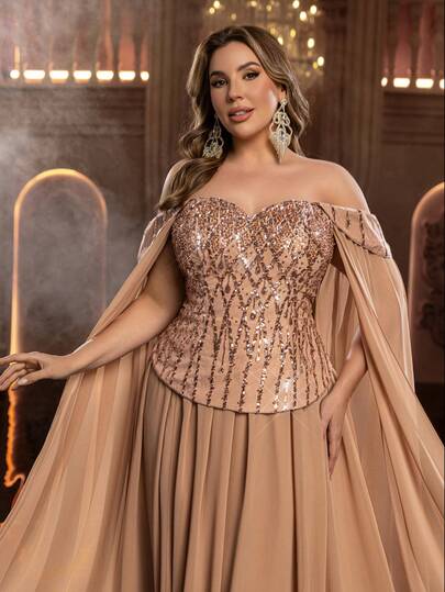 Glamrae Plus Size Elegant Romantic Champagne Sweetheart Neck Puff Sleeve Luxury Beaded Chiffon A-Line Dress, Suitable For Wedding, Party, Celebration, Formal Event, Gala (Heavily Embellished)