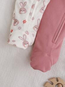 2件套新生女宝宝可爱卡通图案针织长袖连体睡衣套装 - 粉色 - 查看 4