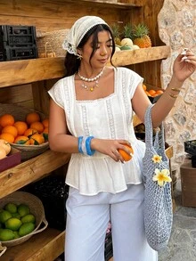 Weeklong Blusa/camisa casual de mujer con parches de encaje de unicolor - Blanco - Ver 4