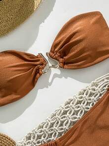 Swim Mod Pakaian Pantai Musim Semi untuk Wanita, Set Bikini 2 Potong Seksi Tanpa Tali dengan Dekorasi Logam dan Tali Ikat, Warna Polos untuk Wanita - Coklat - View 3