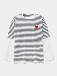 Manfinity BRENVOR Men's Heart Embroidery Striped Crew Neck 2 In 1 Knit Long Sleeve T-Shirt - Light Grey - View 3