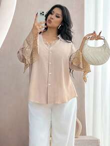 Modelyn Camisa holgada de encaje y parches, adecuada para uso diario en primavera y otoño, talla grande - Caqui - Ver 5