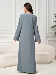 Al Najma Đầm dài tay cổ chữ V thanh lịch kiểu Ả Rập dành cho nữ, viền ruy băng. - màu xanh lá - Xem 2