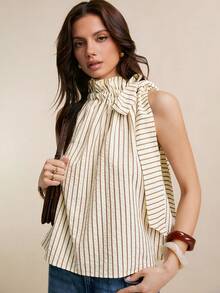 Poéselle 女士条纹泡泡纱蝴蝶结肩部荷叶边高领无袖上衣，轻盈透气的夏季背心，轻松打造海岸风情。条纹无袖上衣，泡泡纱背心，轻薄夏季上衣，海岸风情，休闲度假背心，荷叶边领口打结肩部条纹无袖夏季上衣，沙滩风情。 - 彩色 - 查看 6