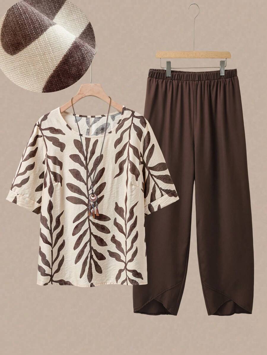 Linhara 大码女式树叶印花圆领短袖休闲衬衫，搭配松紧腰舒适长裤两件套，舒适度假休闲套装 - 彩色 - 查看 1