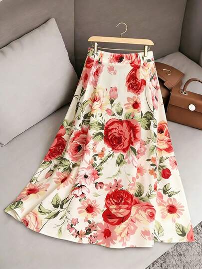 GlowEve CURVE Plus Size Women Elegant Floral Print A-Line Skirt