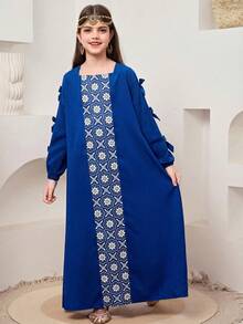 SHEIN Đầm maxi dài tay dáng chữ A rộng rãi, màu trơn, phối sọc, cổ vuông, trang trí nơ, dành cho bé gái tuổi teen, thích hợp cho du lịch, nghỉ dưỡng, phong cách đồng quê, nghỉ mát thường ngày, phong cách bohemian, hoặc phối đồ đôi cho chị em gái. - Hồng - Xem 7