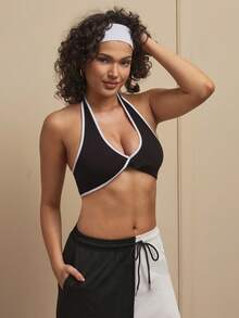 Cheerettes 女士撞色滚边扭结前片露背运动文胸 - 黑色 - 查看 1