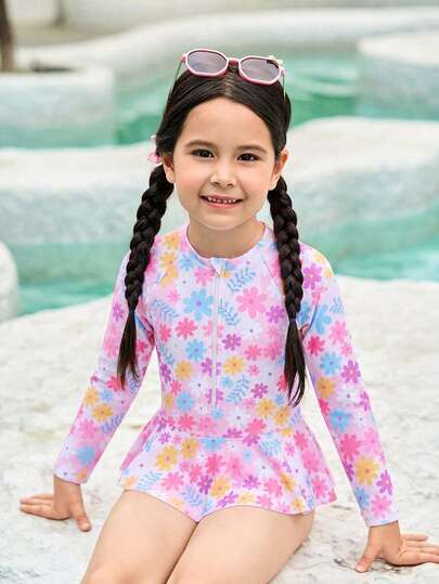 Young Girl Floral Print Long Sleeve Zipper Front Ruffle Trim One-Piece Swimsuit Girls Bathing Suits With Rash Guard Kids Clothing Sun Protection Kids Resort Wear Beach Wear For Kids Swimsuits For Kids With Sleeves Pink Swim Shirt For Girls Kids Swim Suits Pink Kids Girl Rash Guard Swimsuit Long Sleeve With Zipper Girls Swimsuit Long Sleeve Rash Guard Kids Floral Swim Girls Floral Swim One Piece Swimsuit Girls Kids Bathing Suits Flower Print Swimsuit Conservative Girl Swimsuit Long Sleeve  Long Sleeve Swimsuit