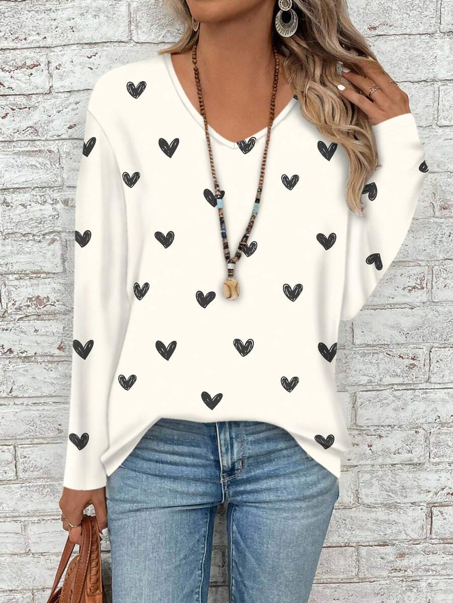 EMERY ROSE Plus Size Women's Loose V-Neck Long Sleeve T-Shirt With Minimalist Heart Print,Vacation/Summer/Spring - Multicolor - View 1