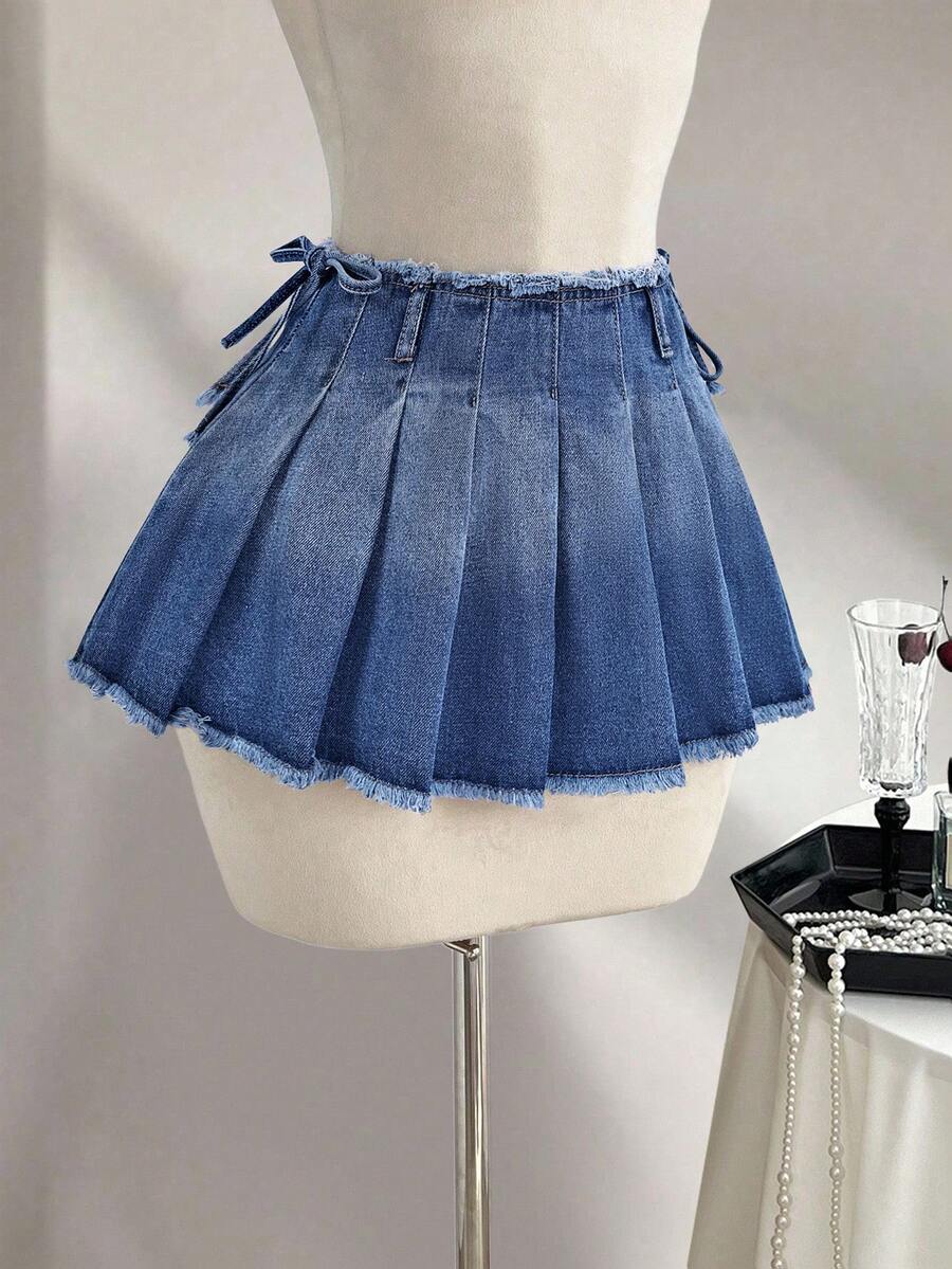 Elamini Chân váy denim xếp ly dáng chữ A, gấu váy tua rua, phong cách thường ngày dành cho nữ. - Rửa trung bình - Xem 1