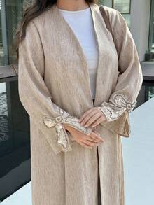 Yasmyna 女士优雅阿拉伯长袍，饰有拼接蝴蝶结和亮片袖口