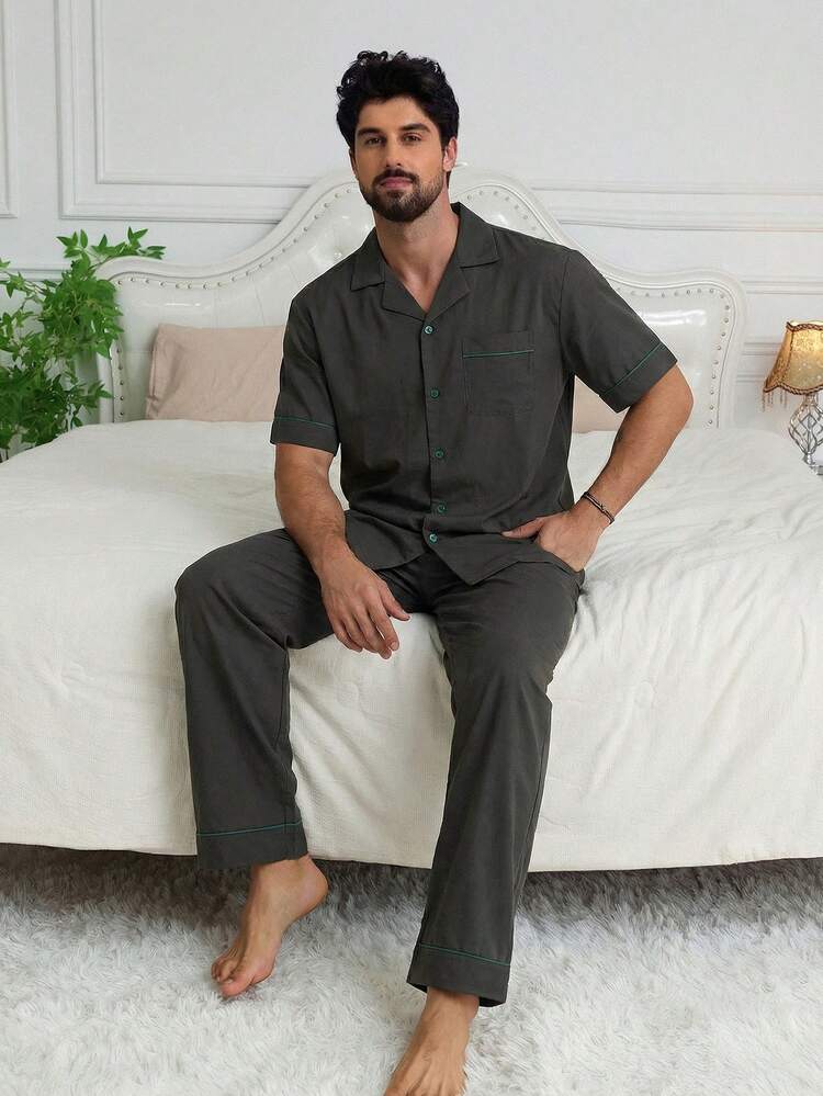 Men's Solid Color Short Sleeve Shirt And Pants Pajama Set, Spring/Summer