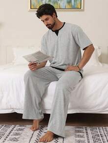 DAZY Conjunto de pijama de hombre de varios colores con pantalón largo y manga corta, para primavera/verano - Multicolor - Ver 1