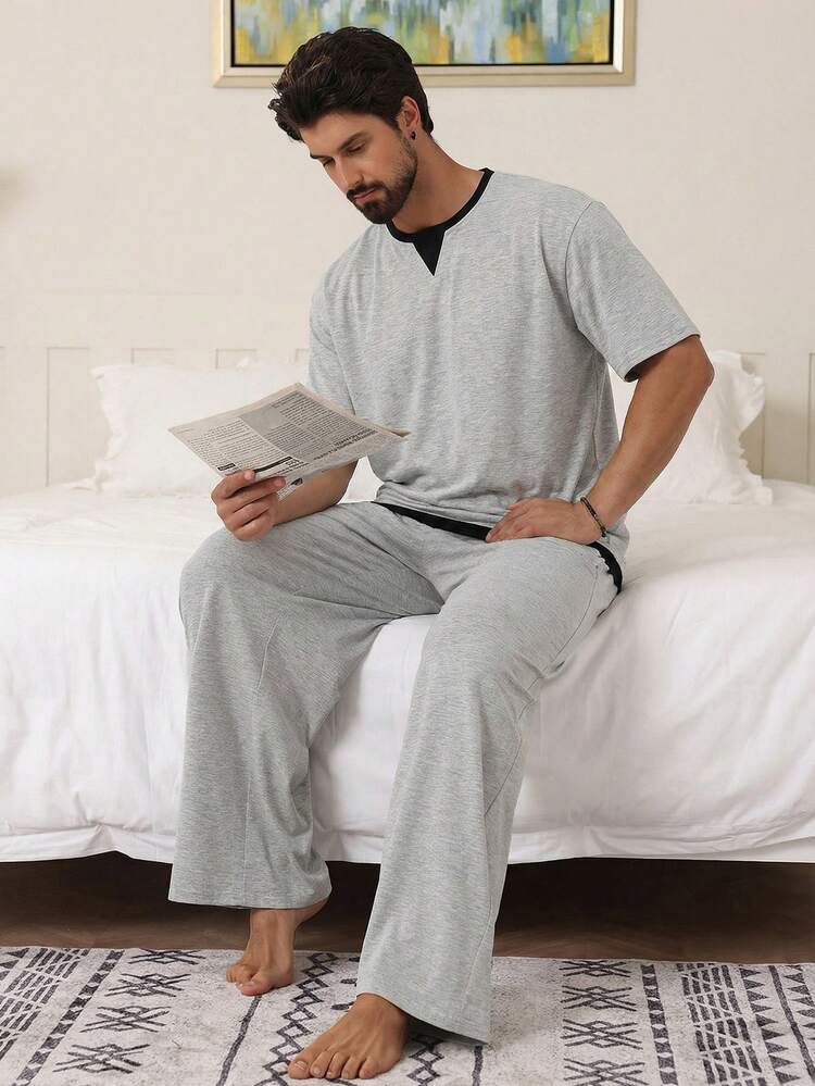 Men's Multi-Color Pajama Set With Long Pants And Short Sleeve, Spring/Summer