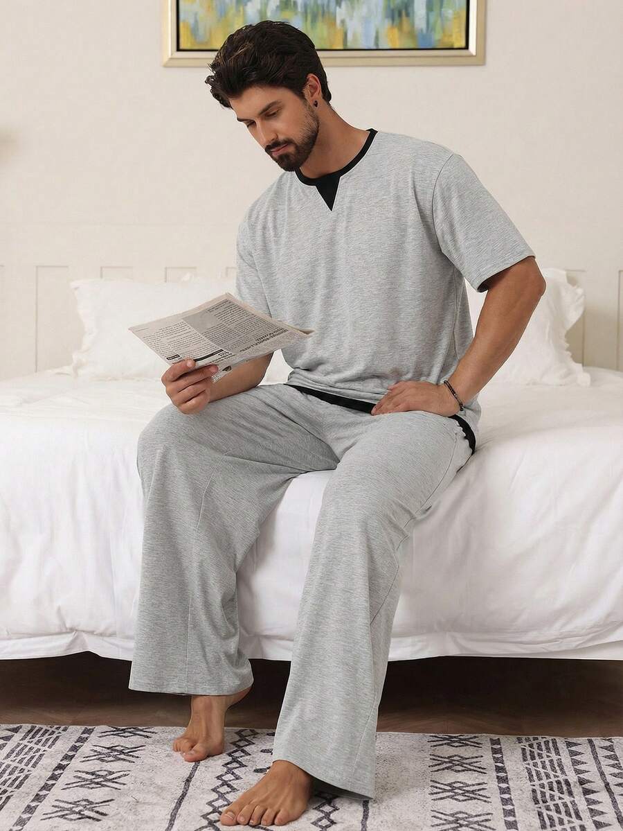 DAZY Conjunto de pijama de hombre de varios colores con pantalón largo y manga corta, para primavera/verano - Multicolor - Ver 1