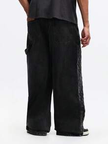 SUMWON Oversized Wide Leg Carpenter Blocking Jeans With Small Floral Print Pattern Contrast Denim Panels Utility Pockets Relaxed Fit Casual - Black - View 2