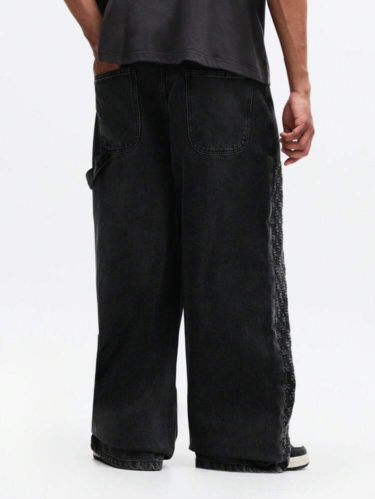 Wide Leg Carpenter Jeans With Floral Blocking