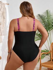 SHEIN CURVE+ Plus Size Women One-Piece Swimsuit, Printed Patchwork Design, Suitable For Summer Vacation - Black - View 2
