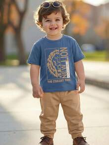 2pcs/Set Young Boys' Cute Lion Graphic Short Sleeve T-Shirt And Pants Set, Comfortable Casual Outfit For Indoor, Outdoor, Daily Wear, Sports, Play, Party, Photo Shoot, Holiday, Suitable For Spring/Summer - Khaki - View 10