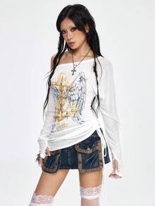 ROMWE Grunge Punk SpringRomantic Nautical Punk Wing & Anchor Foil Print Oblique Shoulder Women Long Sleeve T-Shirt - White - View 6