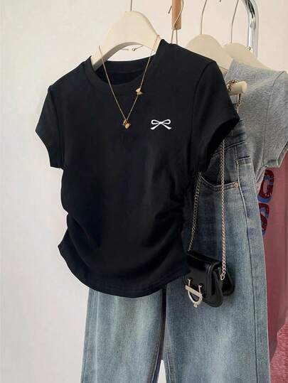 Resyla 女士蝴蝶印花褶皱腰身修身T恤，黑色，大码，夏季新品，时尚百搭