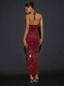 SHEIN BAE 纯棕色性感露背修身长款水钻装饰连衣裙，适合毕业典礼、正式场合、鸡尾酒会、浪漫约会、秋冬叠穿、派对、夜店、婚礼伴娘、外出、万圣节、圣诞节等场合。 - 酒紅色 - 查看 2