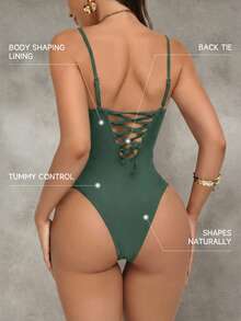 Shapewave 女士网纱拼接抽绳收腹提臀连体泳衣，黑色网纱圆领 - 墨綠色 - 查看 2