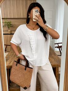 Weeklong Áo sơ mi cotton pha lanh màu trắng cỡ lớn - Cổ tròn, tay cánh dơi, viền bèo nhún, dáng rộng, thích hợp mặc hàng ngày, đi làm và đi nghỉ mát. - trắng - Xem 3