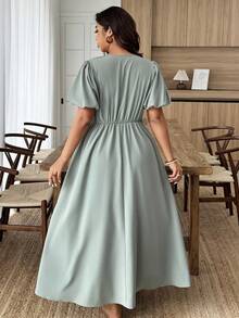 SHEIN LUNE Plus Size Women U-Neck Ruched Puff Sleeve A-Line Midi Casual/Work Dress - Mint Green - View 2