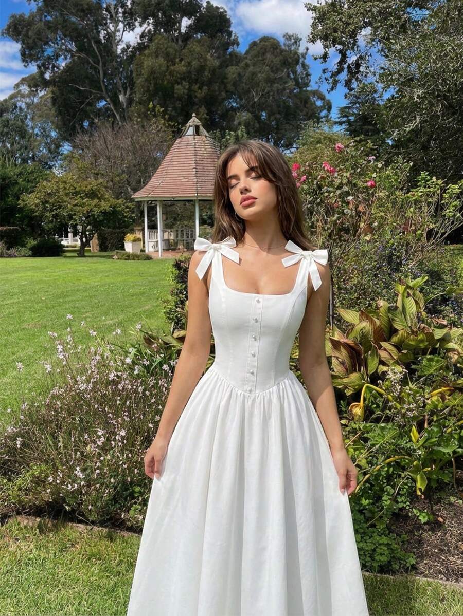 SHEIN MOD Đầm trắng không tay cổ vuông trang trí nơ dành cho nữ - trắng - Xem 1