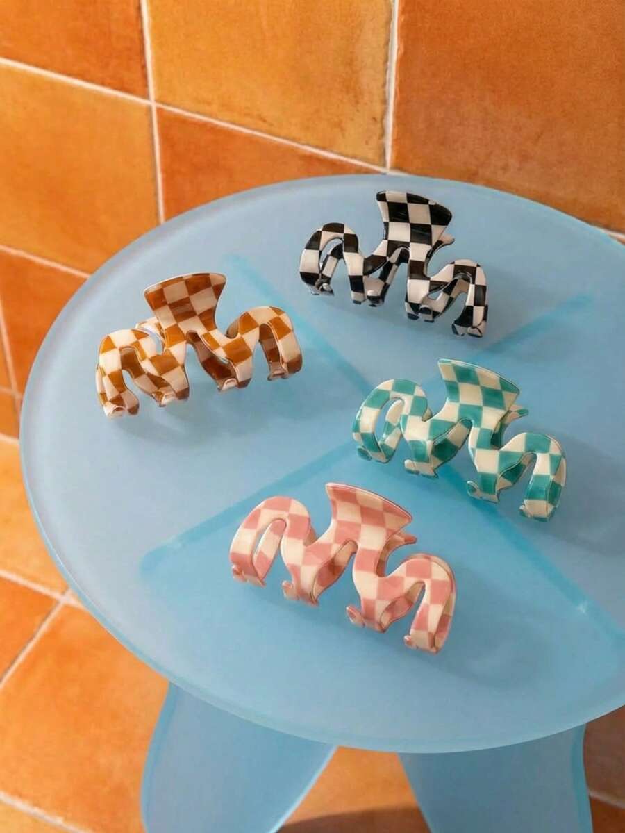 Joivida 1pc/4pcs, Women's Acrylic Chessboard M Hair Clips - Elegant Retro Design, Black And White, Cyan And Cream, Orange And Beige, Pink And Gray - Perfect For Daily Use, Vacation, Office And Thanksgiving - Multicolor - View 1