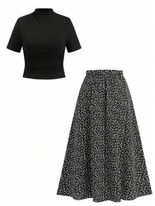 SHEIN LUNE 大码女式纯色短袖T恤搭配碎花迷你裙休闲套装，黑色碎花衬衫，情人节生日礼物，适合女性生日外出、优雅度假等场合，黑色休闲优雅款 - 彩色 - 查看 8