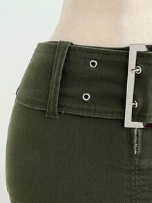 Elamini Women's Waist Buckle Design Bodycon Denim Mini Skirt - Army Green - View 4