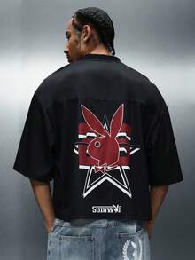 PLAYBOY X SUMWON 超大款网眼V领短袖T恤，饰有兔子图案 - 黑色 - 查看 1
