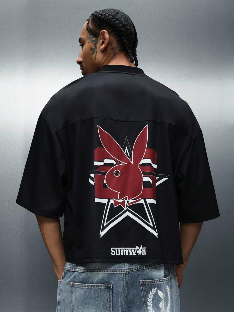 PLAYBOY X SUMWON Oversized Mesh V-Neck Short Sleeve T-Shirt With Bunny Graphic Print