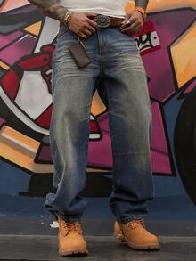 DAZY 男士做旧水洗口袋阔腿宽松牛仔裤，春秋季 - 藍色 - 查看 3