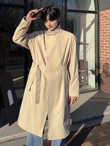 DAZY Khaki Plaid Lining Long Men's Trench Coat, Spring - Khaki - View 7