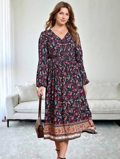 Miaspire This Elegant Women's Dress Features A Deep Navy Blue Base Adorned With Pink And Red Floral Prints And Contrasting Trims, Perfectly Capturing The Festive Spirit Of The New Year. The Floral Pattern Is A Resort-Inspired Print, Vibrant And Dynamic Yet Stylishly Layered. The Design Includes A V-Neck, Long Sleeves, A Fitted Waist, And A Flowing Skirt, Offering A Comfortable And Slimming Fit. The Skirt's Details Add An Elegant Touch. Suitable For Spring And Autumn, This Dress Can Be Accessorized With Jewelry To Brighten Up The Look Or Layered With A Jacket For Added Dimension. Perfect For Youthful Gatherings And Casual Occasions, This Dress Combines The Festive Atmosphere Of Floral Prints With The Ability To Showcase Individual Taste Through Its Patchwork Design. It's A Versatile Piece That Blends Romance And Style In Your New Year's Wardrobe.