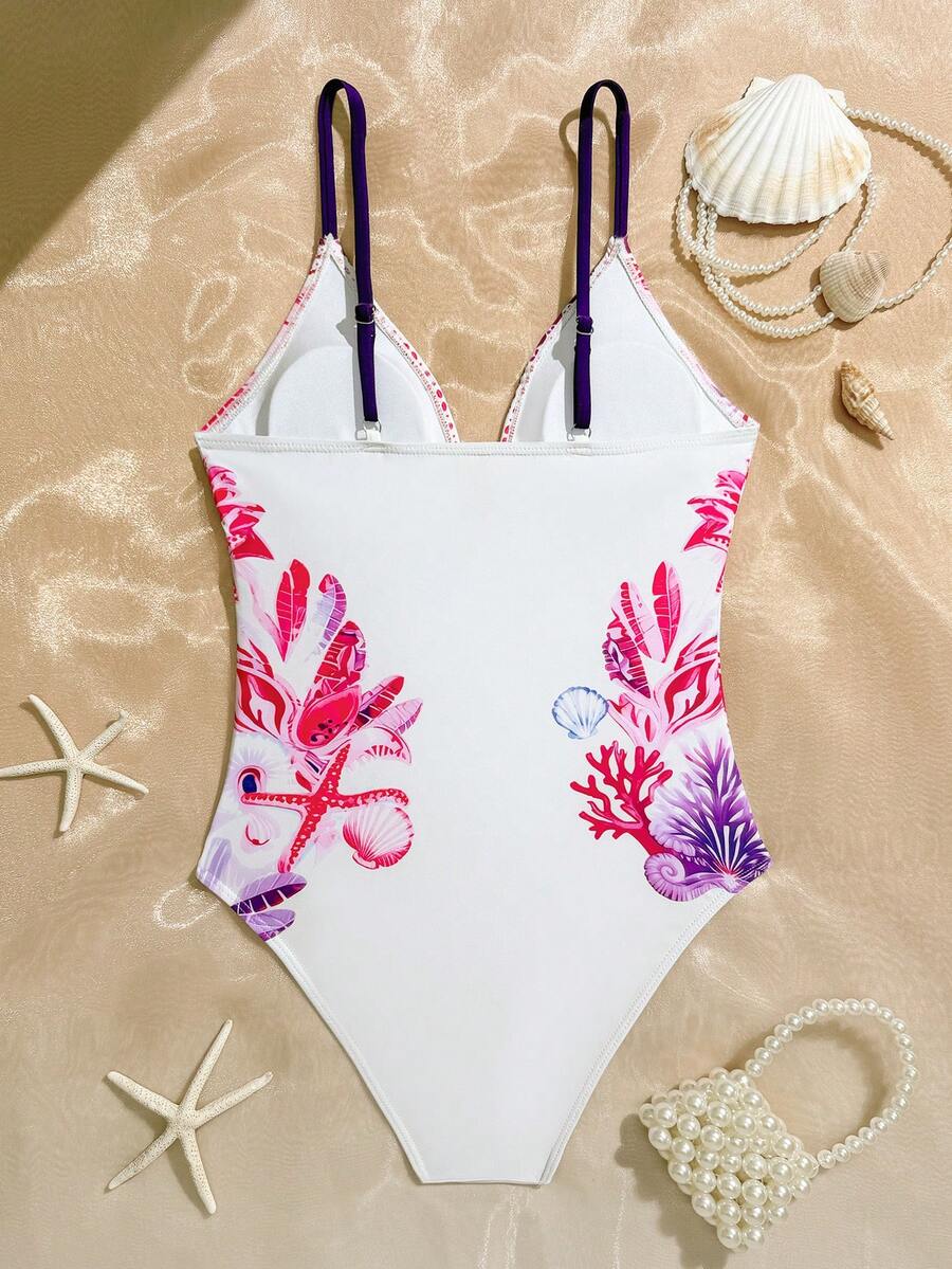 SHEIN Pink Shell & Coral Print One-Piece Swimsuit For Teenage Girls,Halter Starfish Flower Hibiscus Bathing Suit,Summer Beach Vacation Holiday Swimwear - White - View 1