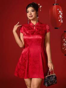 Elenzga 大码女式新年派对立领短袖旗袍连衣裙，显瘦百搭，适合节日穿着 - 紅色 - 查看 5