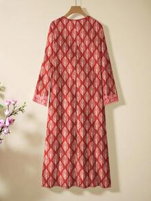 SHEIN Najma 女士叶子佩斯利花卉数码印花V领长袖优雅阿拉伯风格连衣裙，春夏款 - 彩色 - 查看 2